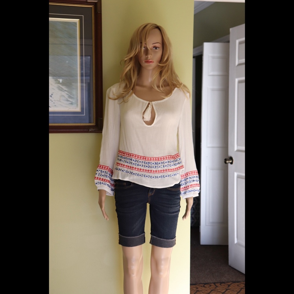 Boho Peasant Top Embroidery Sequins Puff Sleeve Tassels White Red Blue S M L - Picture 12 of 14